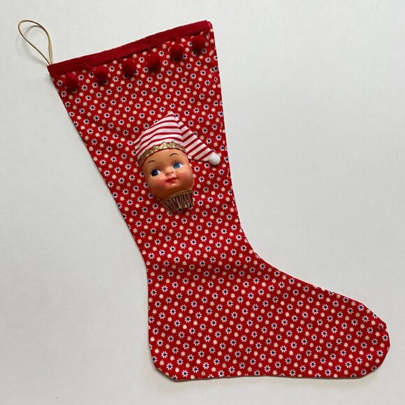 Christmas Stocking with Dolly Face Holiday Decor Xmas Vintage Handmade - Picture 2 of 5